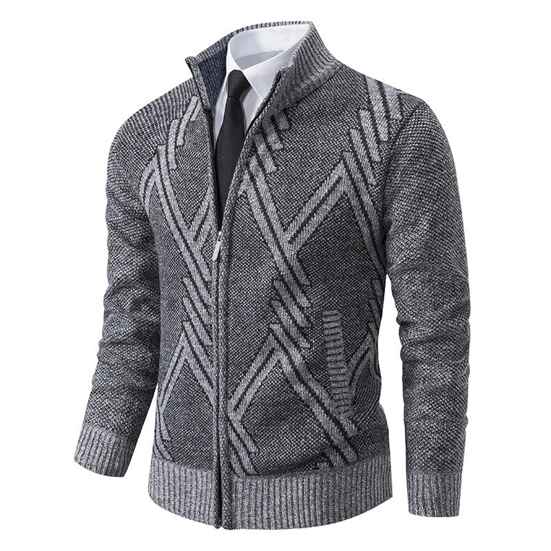 Herren elegante Strickjacke mit strukturiertem Zopfmuster und hochschließendem Kragen EB