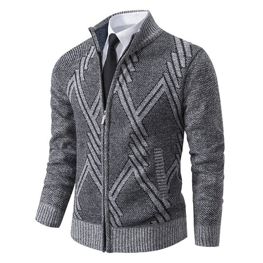 Herren elegante Strickjacke mit strukturiertem Zopfmuster und hochschließendem Kragen EB