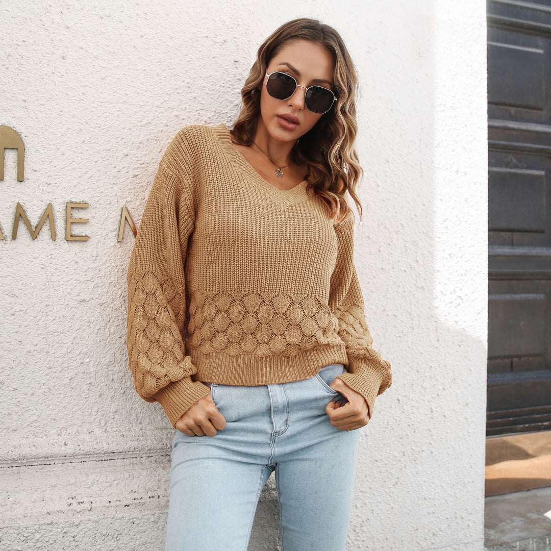 Damen V-Ausschnitt Strickpullover mit luftiger Musterstruktur EB