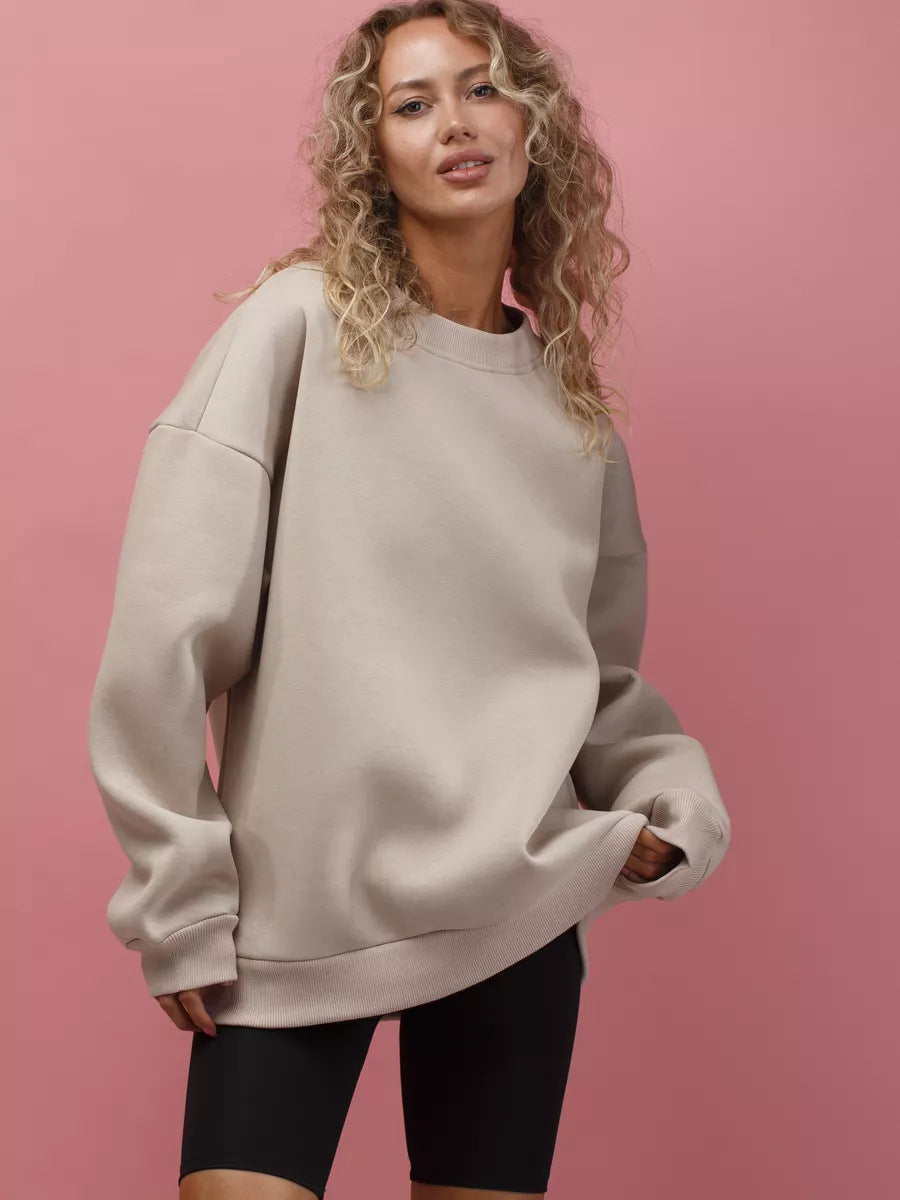 Damen Oversized Sweatshirt mit Rundhals, überschnittenen Schultern und gerippten Bündchen EB