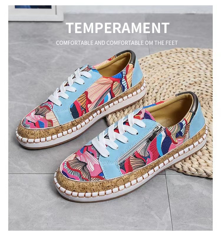 Damen Modische Sneaker mit buntem Muster und hochwertigem Korkrand EB