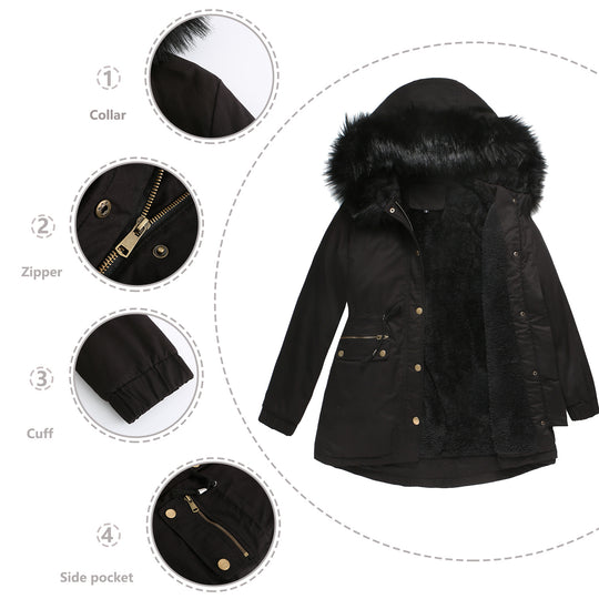 Damen isolierte Parka-Jacke mit abnehmbarem Kunstfellkragen und verstellbarem Taillenzug EB