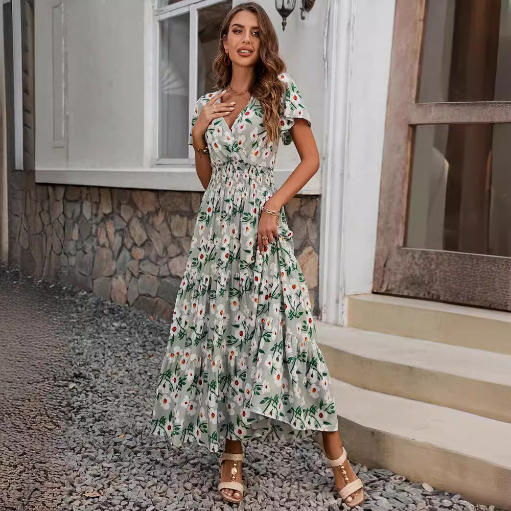 Damen luftiges Maxikleid mit V-Ausschnitt und elastischem Taillendesign EB
