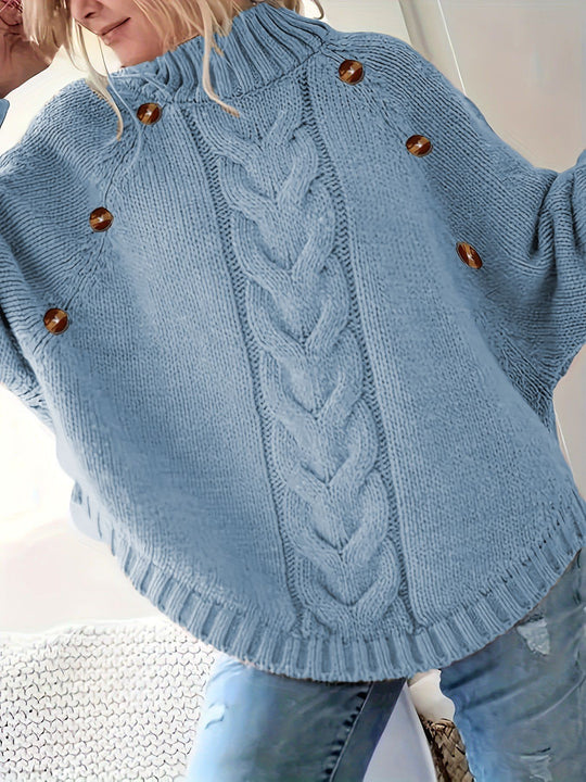 Damen Oversized Strickpullover mit Hochkragen und dekorativen Knopfdetails EB