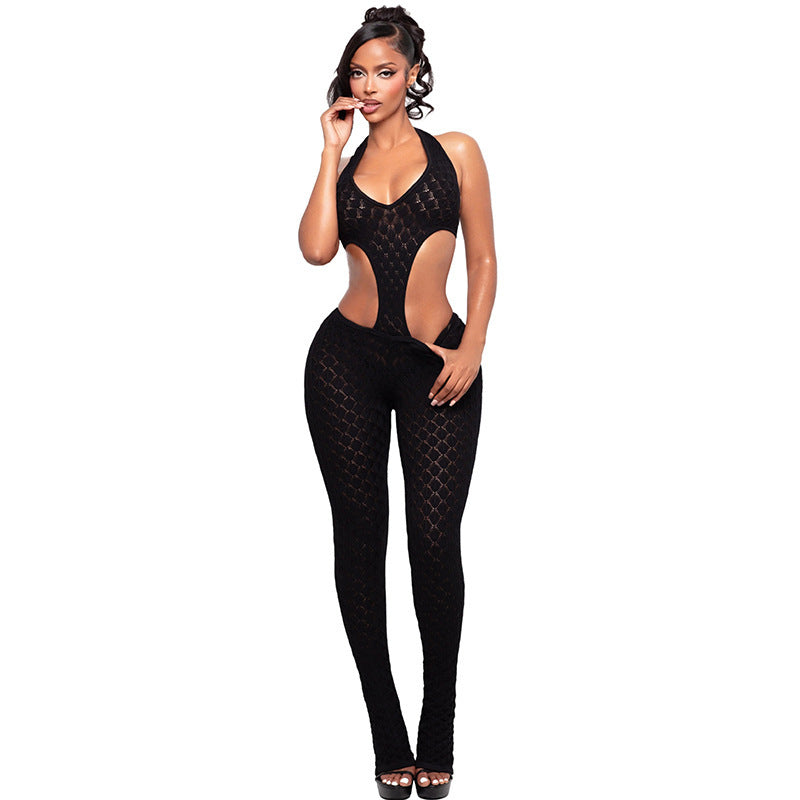 Damen Cut-Out Bodycon Overall mit tiefem V-Ausschnitt und transparenter Häkelstruktur EB