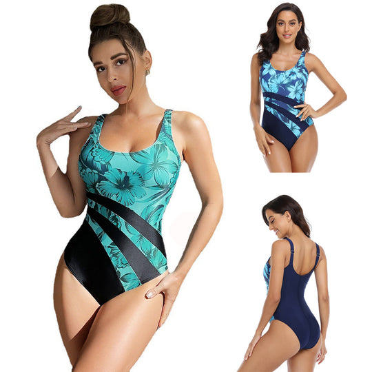 Damen Sportlicher Hochleistungs-Einteiler Badeanzug mit floralem Design EB