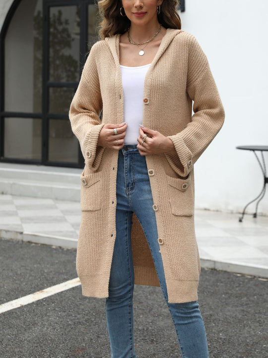 EB | Lange Strickjacke Kapuze und Knopverschluss Lässiger Komfort
