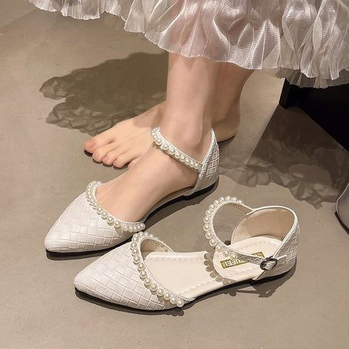 Damen elegante Ballerinas mit perlverziertem Riemen EB