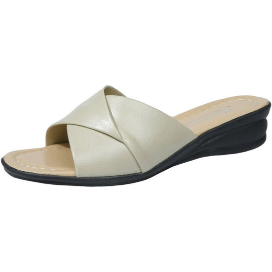 Damen nan komfortable Slipper-Pantolette mit gekreuzten Riemen und leichtem Keilabsatz EB