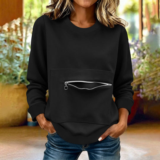 Damen nan locker geschnittenes Sweatshirt mit Frontreißverschlusstasche und Rundhalsausschnitt EB