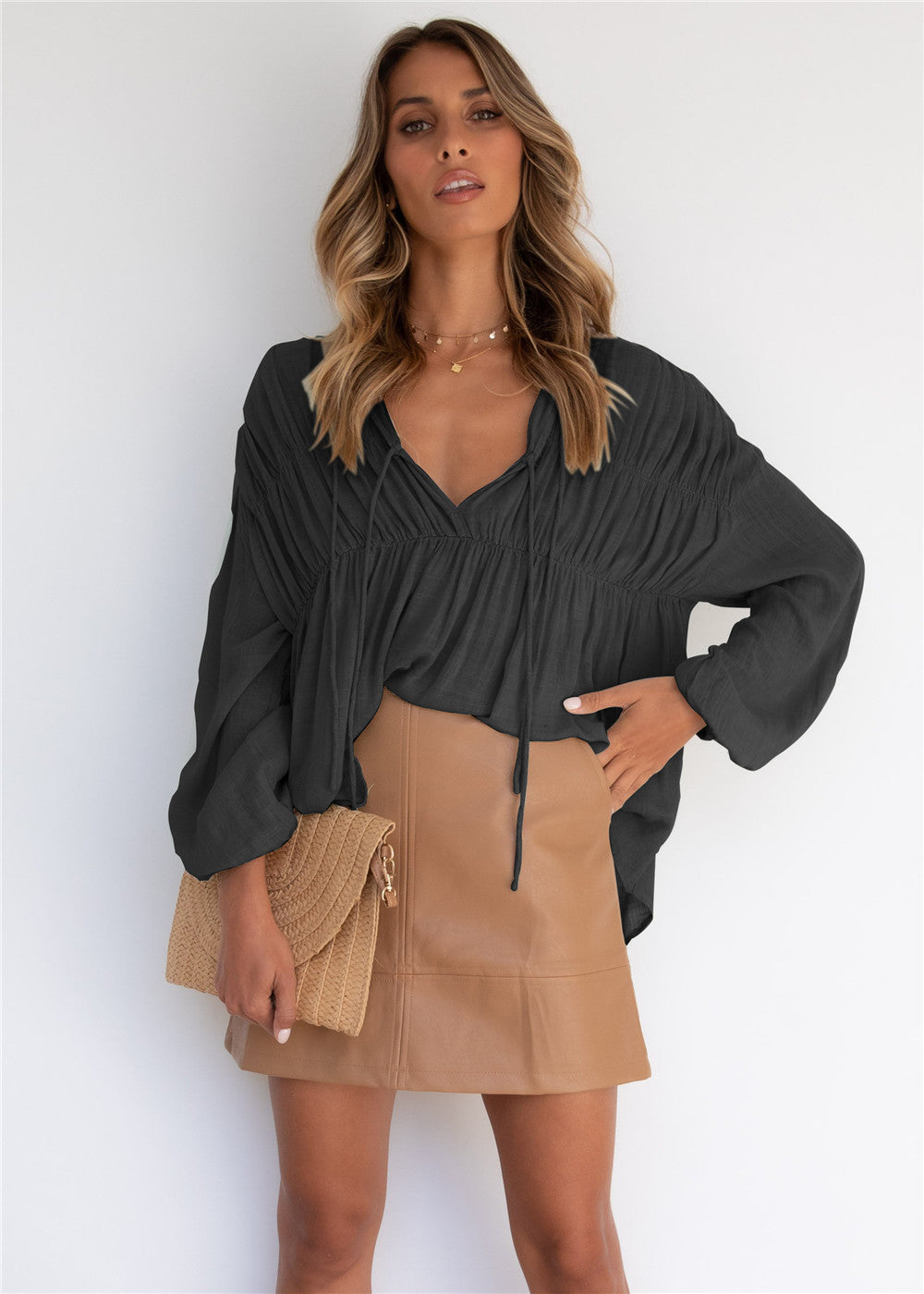 Damen lässige Bluse mit raffinierten Rüschendetails und Kordelzug EB