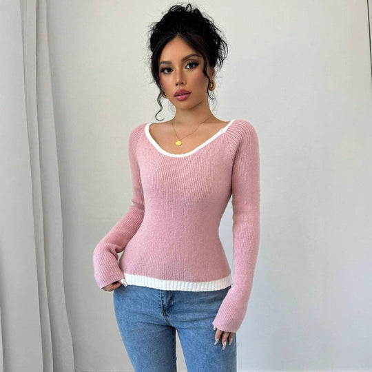 Damen modischer Pullover mit kontrastierendem Saum und tiefem V-Ausschnitt EB