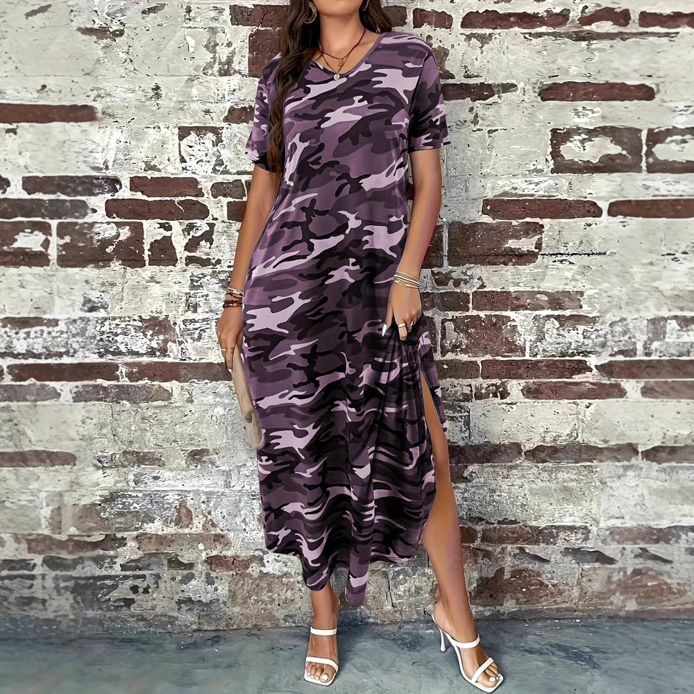 Damen Maxi-Kleid mit modernem Camouflage-Design und praktischen Taschen EB