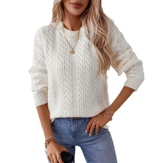 Damen Strickpullover mit Zopfmuster und hohen Bündchen EB