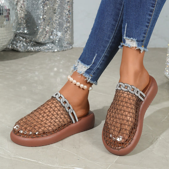 Damen Plateau-Pantoletten mit Netzdesign und Glitzerakzenten EB