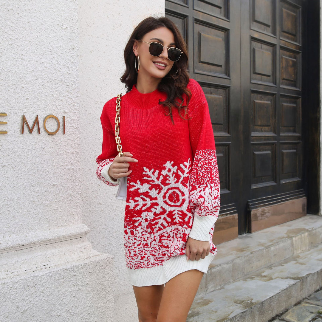 Damen Weihnachtsstrickkleid mit festlichem Schneeflocken-Muster EB