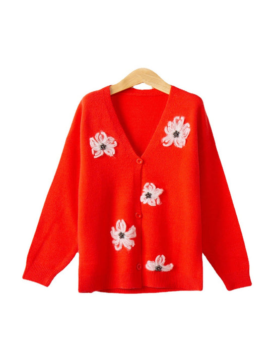 Damen Strickjacke mit floralem Motiv und eleganter Knopfleiste EB