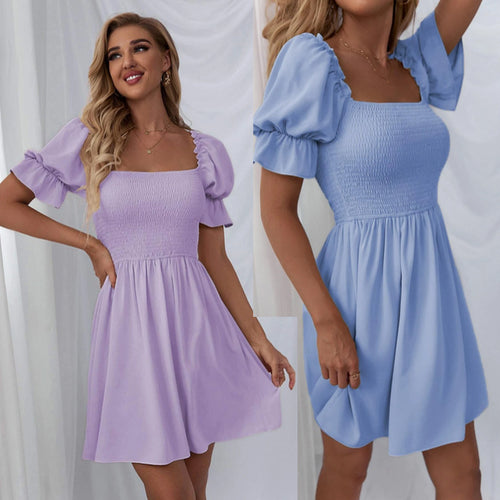 Damen kurzes Kleid mit Puffärmeln und gerafftem Oberteil EB