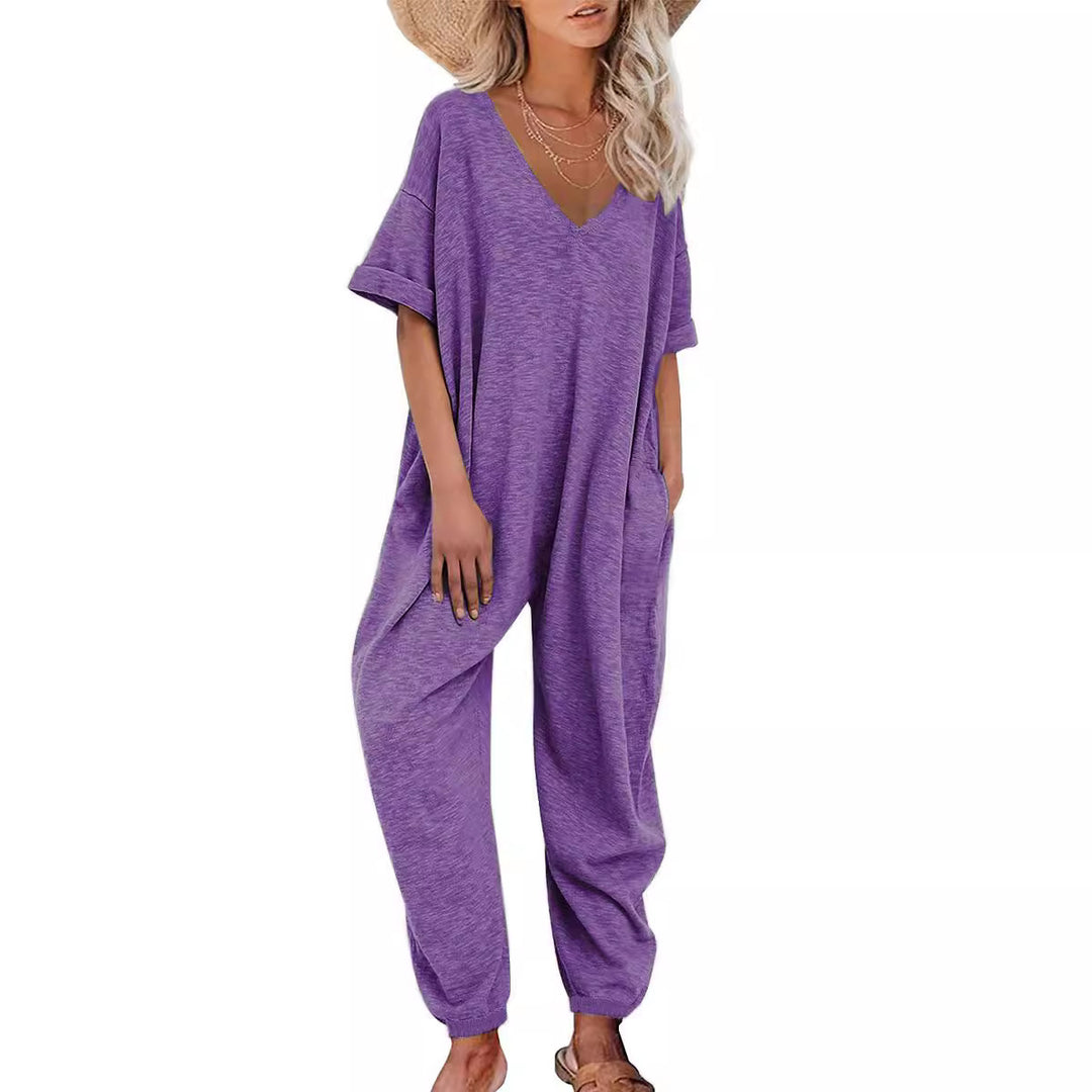Damen Oversized Jumpsuit mit tiefem V-Ausschnitt und lässigen Taschen EB