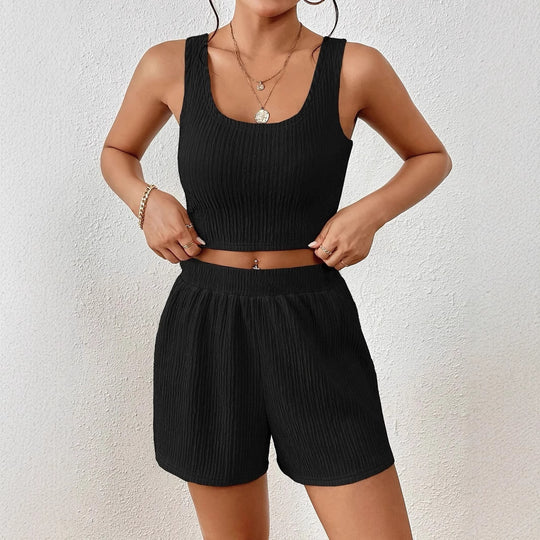 Damen sportliches Set aus leichtem Material mit cropped Oberteil und Shorts EB