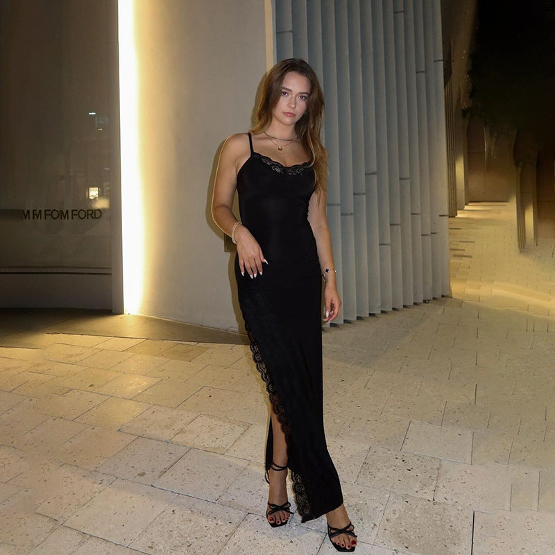 Damen elegantes Spitzen-Maxikleid mit zarten Trägerspitzendetails EB