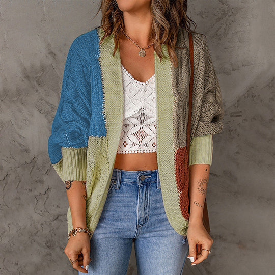 Damen lässige Strickjacke mit buntem Patchwork-Design und weitem Schnitt EB
