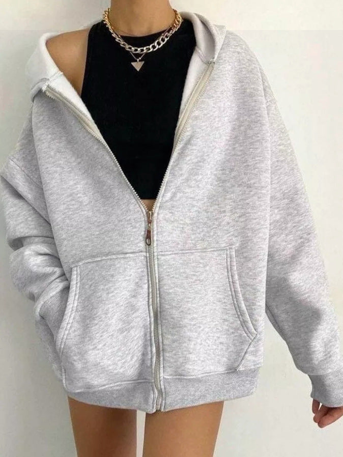 Damen nan minimalistisches French-Terry Zip-Hoodie mit durchgehendem Reißverschluss, Kängurutasche und Daumenloch-Ärmeln EB