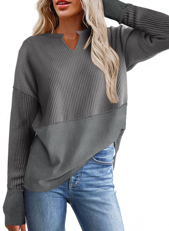 Damen lässiger Knit-Pullover mit V-Ausschnitt und Struktur EB