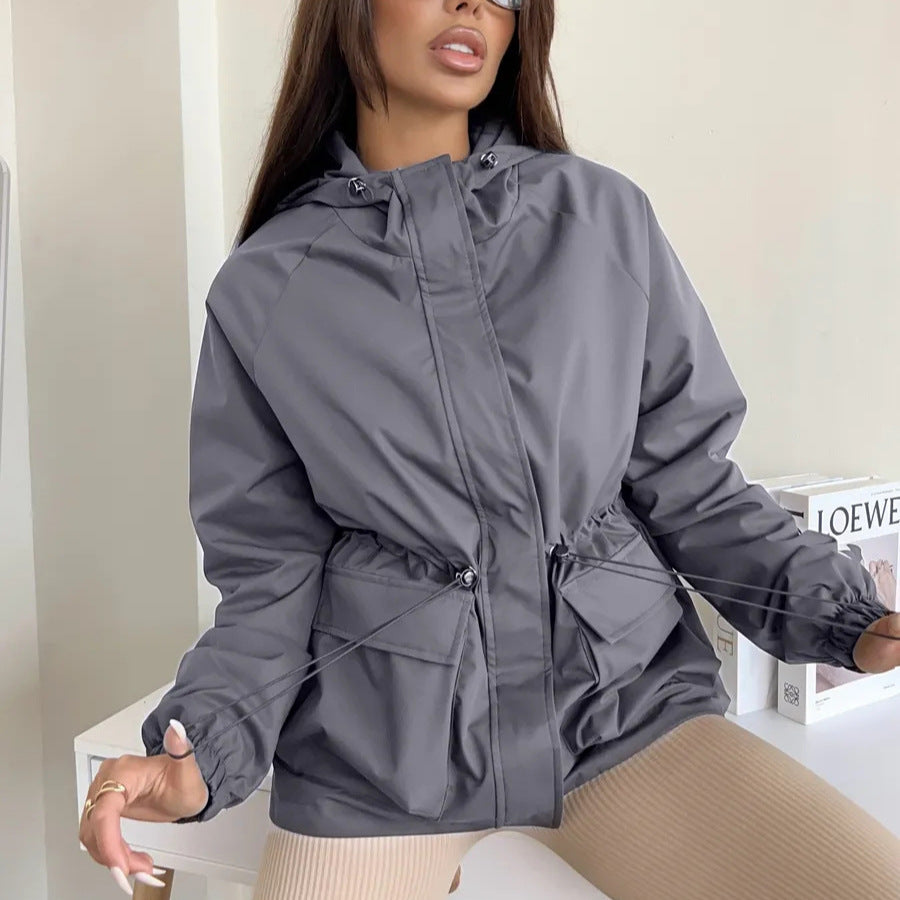 Damen leichte Windbreaker-Jacke mit verstellbarem Bund und praktischen Taschen EB
