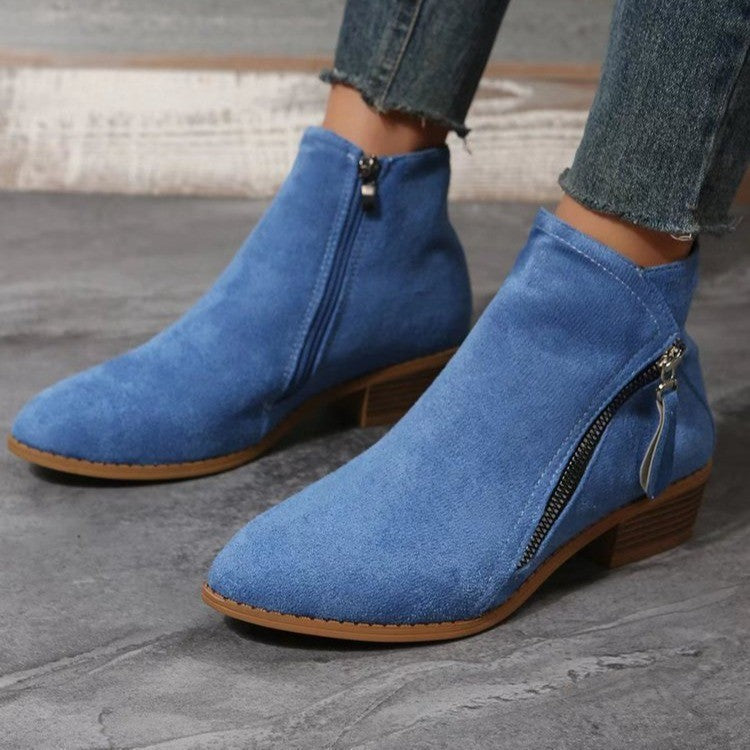 Damen nan klassische knöchelhohe Microvelours-Stiefelette mit seitlichem Reißverschluss und niedrigem Blockabsatz EB