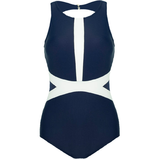 Damen Einteiler Badeanzug mit sportlichem Reißverschluss und trendigem grafischen Design EB