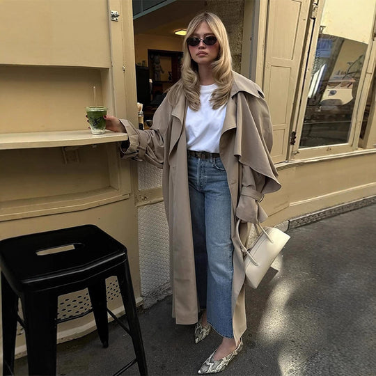 Damen Übergröße Trenchcoat mit voluminösen Ärmeln und taillierter Schnürung EB