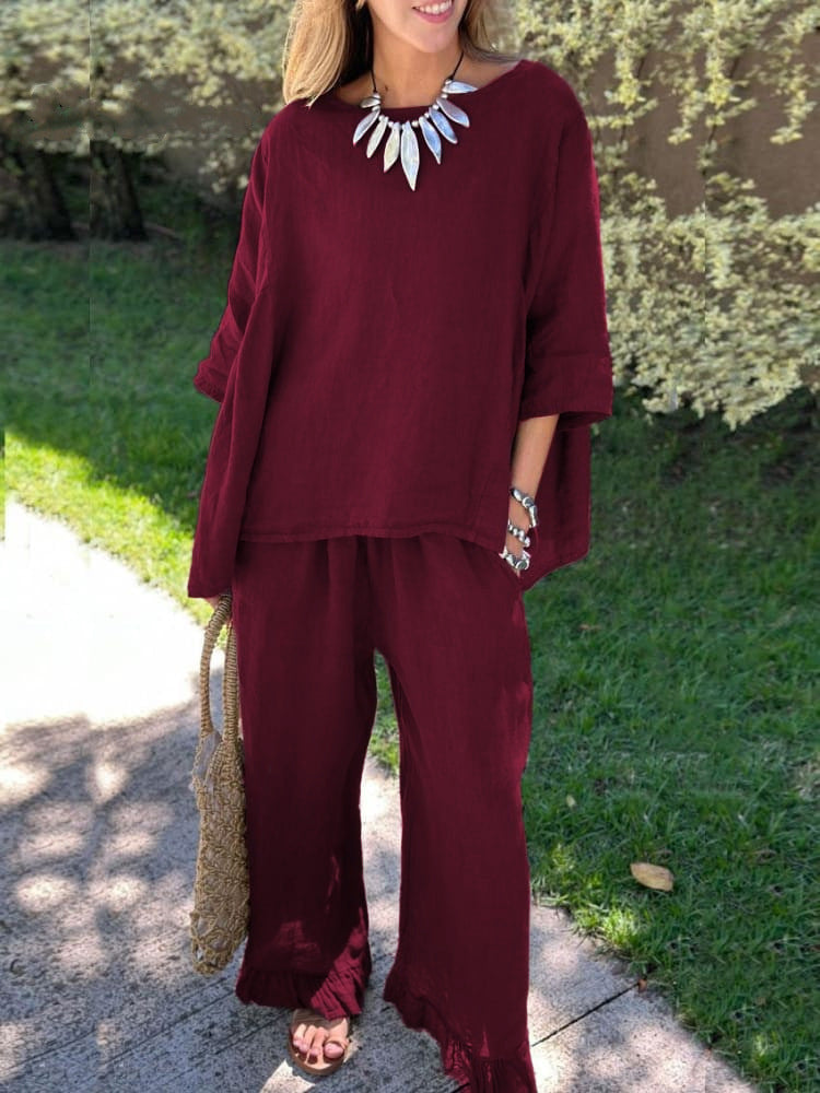 Damen lässiges Leinen-Outfit mit weitem Schnitt und angeschnittenen Ärmeln EB