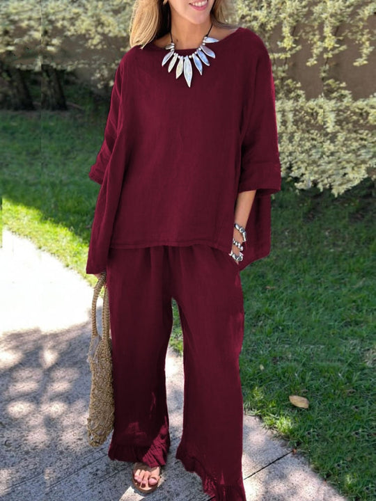 Damen lässiges Leinen-Outfit mit weitem Schnitt und angeschnittenen Ärmeln EB