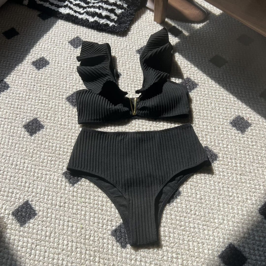 Damen Zweiteiler Bikini mit Rüschendesign und hohem Bund EB
