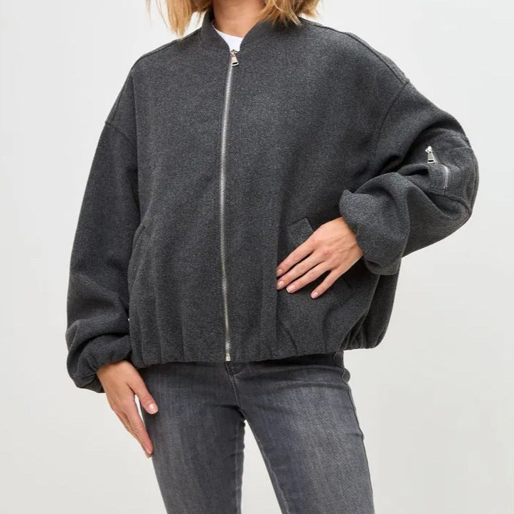 Damen Modernes Oversize-Fleecejacke mit hochgeschlossenem Kragen und seitlichen Eingrifftaschen EB