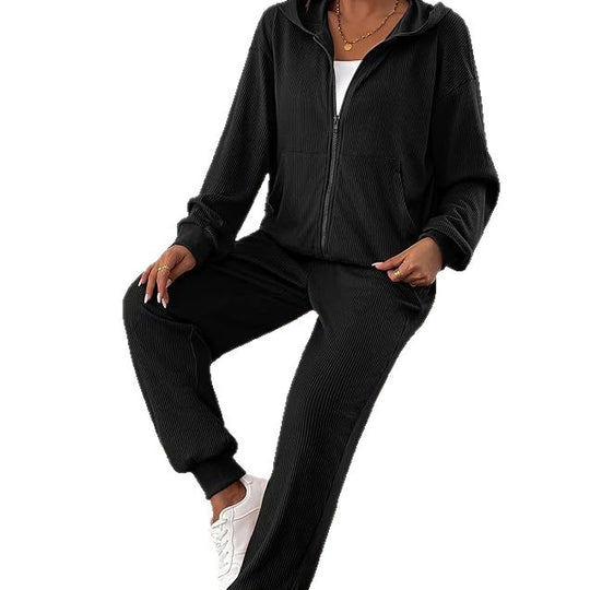 Damen Lässiges Set aus strukturiertem Hoodie und Jogginghose EB