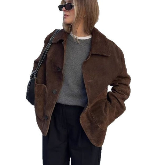 Damen Oversized Teddyjacke mit Knopfverschluss und großen Taschen EB