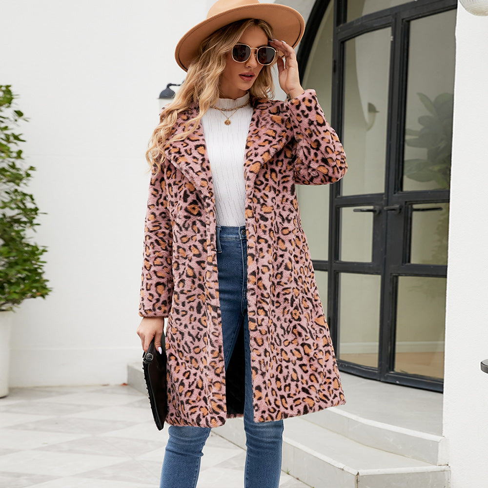 Damen Luxuriöser Kunstfellmantel mit Leopard-Design EB