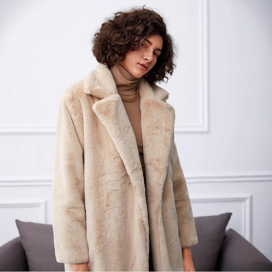 Damen Langer Kunstpelzmantel mit elegantem Reverskragen und praktischen Taschen EB