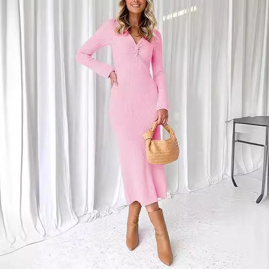 Damen elegantes Midikleid mit V-Ausschnitt und strukturiertem Rippdesign EB