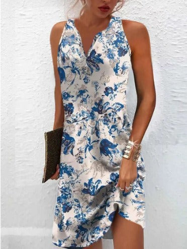 Damen, lässiges Sommerkleid mit V-Ausschnitt und asymmetrischem Saum EB
