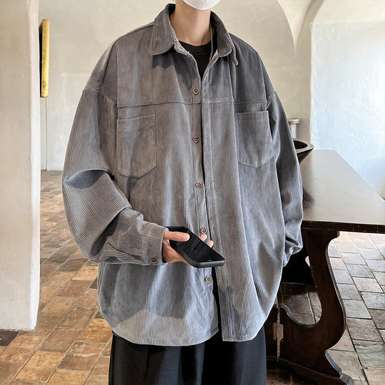 Herren nan oversized Kordhemdjacke mit aufgesetzten Brusttaschen, abgerundetem Saum und lockerer Silhouette EB
