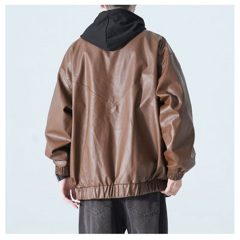 Damen modische Kunstlederjacke mit praktischen Taschen und hohem Kragen EB