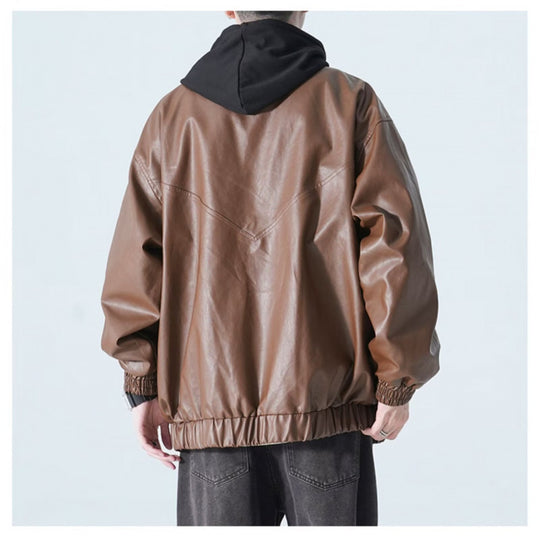 Damen modische Kunstlederjacke mit praktischen Taschen und hohem Kragen EB