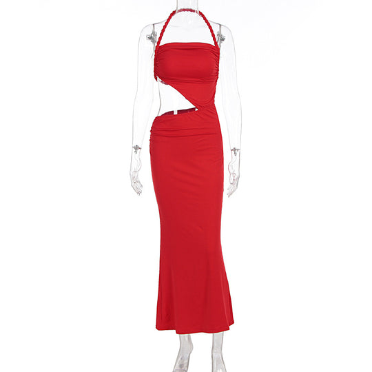 Damen Figurbetontes Maxikleid mit asymmetrischem Schnitt und raffinierten Rüschendetails EB