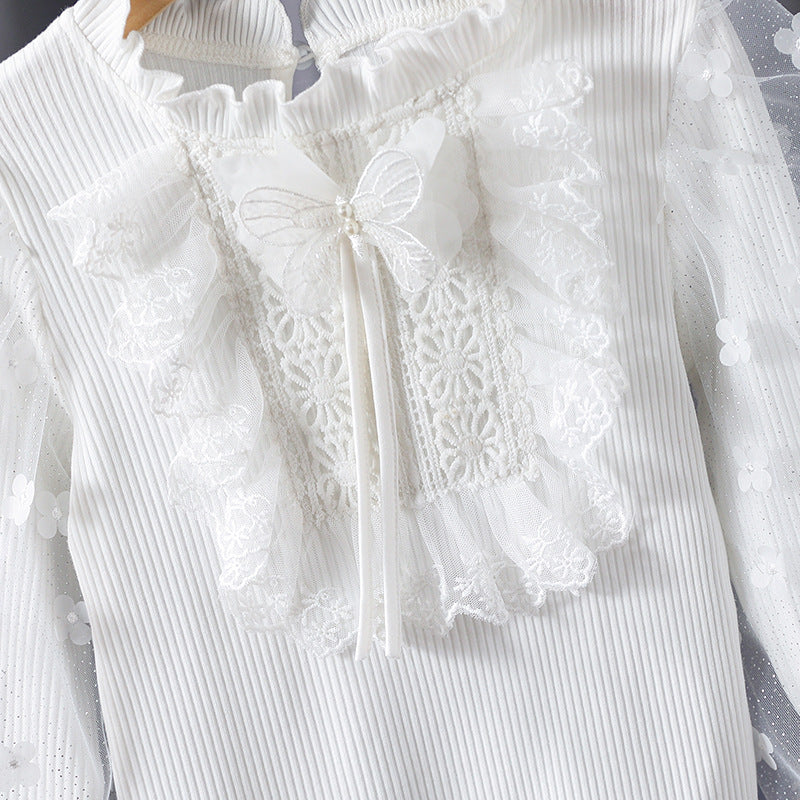 Mädchen Rüschenbluse mit floralen Applikationen und transparenten Ärmeln EB