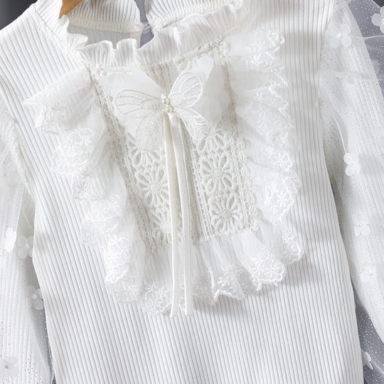 Mädchen Rüschenbluse mit floralen Applikationen und transparenten Ärmeln EB