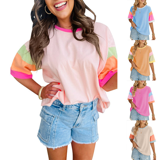 Damen lässiges T-Shirt mit farbenfrohen Ärmeln und weitem Schnitt EB
