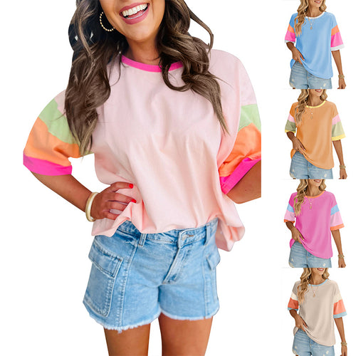 Damen lässiges T-Shirt mit farbenfrohen Ärmeln und weitem Schnitt EB